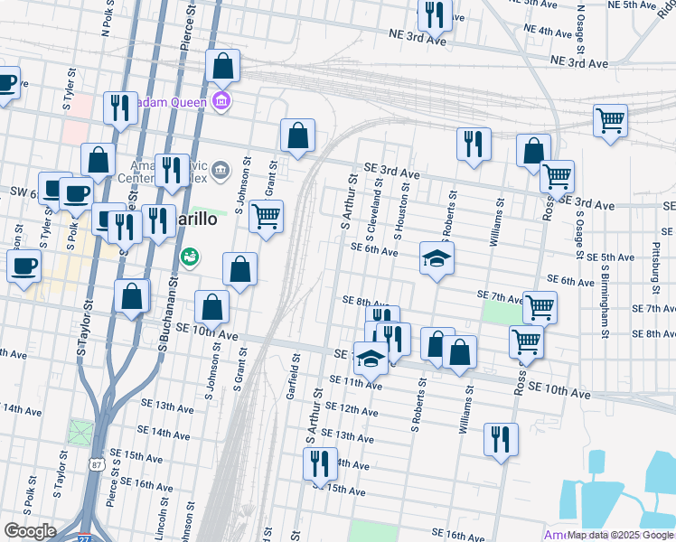 map of restaurants, bars, coffee shops, grocery stores, and more near 1101 Southeast 7th Avenue in Amarillo