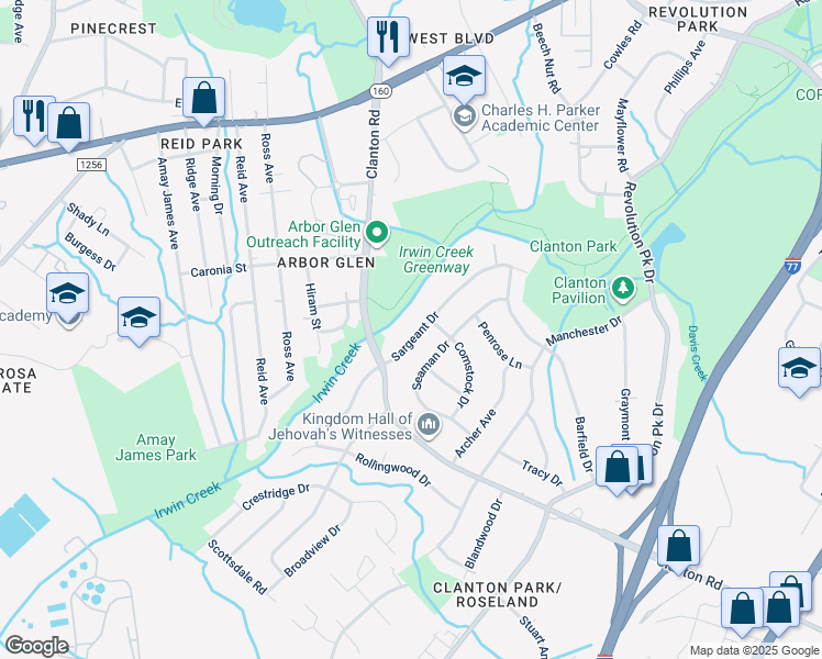 map of restaurants, bars, coffee shops, grocery stores, and more near 3514 Sargeant Drive in Charlotte