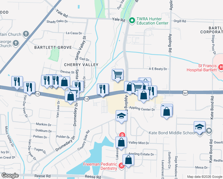 map of restaurants, bars, coffee shops, grocery stores, and more near 7400 U.S. 64 in Bartlett
