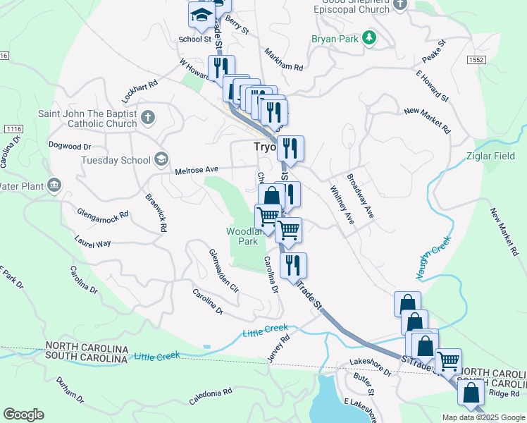 map of restaurants, bars, coffee shops, grocery stores, and more near 250 Chestnut Street in Tryon