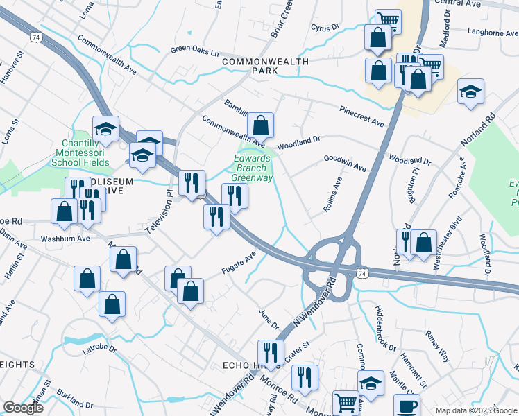 map of restaurants, bars, coffee shops, grocery stores, and more near 1020 Coliseum Drive in Charlotte