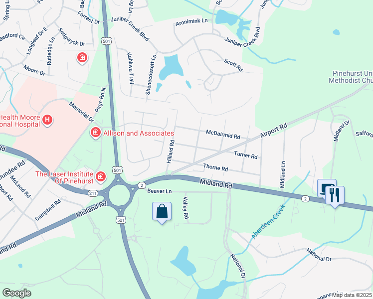 map of restaurants, bars, coffee shops, grocery stores, and more near 291 Turner Road in Pinehurst