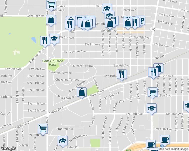 map of restaurants, bars, coffee shops, grocery stores, and more near 3498 Southwest 10th Avenue in Amarillo