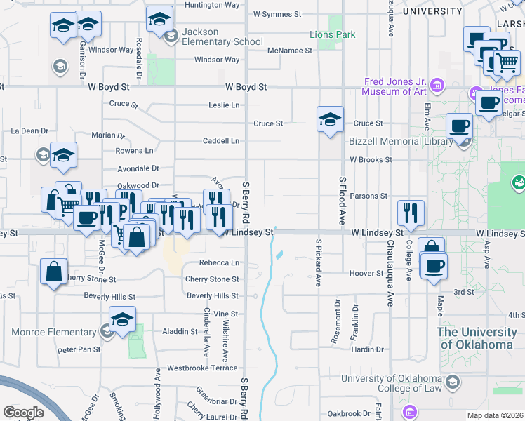 map of restaurants, bars, coffee shops, grocery stores, and more near 906 Carey Drive in Norman