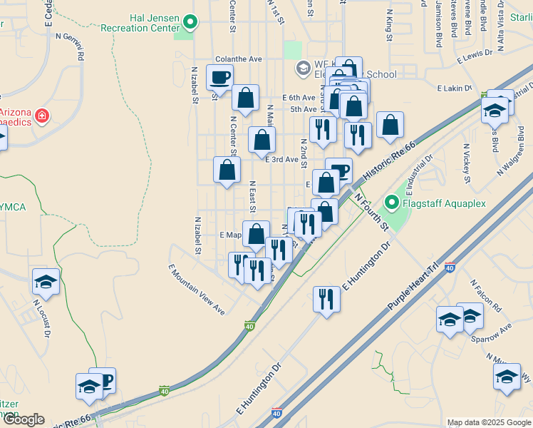 map of restaurants, bars, coffee shops, grocery stores, and more near 1729 N Main St in Flagstaff