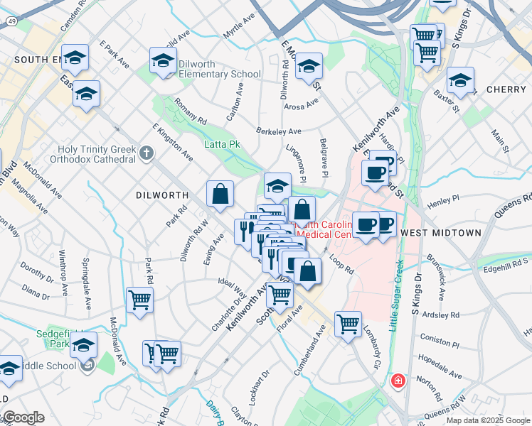map of restaurants, bars, coffee shops, grocery stores, and more near 1112 Buchanan Street in Charlotte