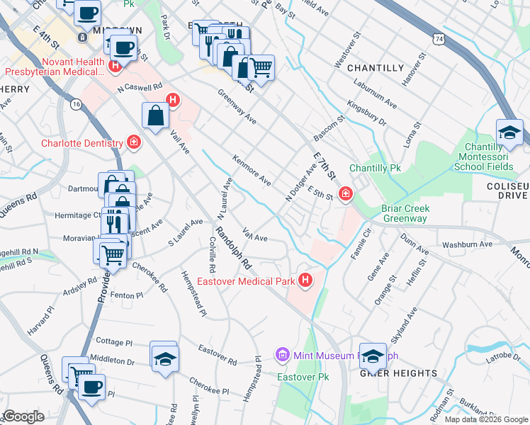 map of restaurants, bars, coffee shops, grocery stores, and more near 225 North Dotger Avenue in Charlotte