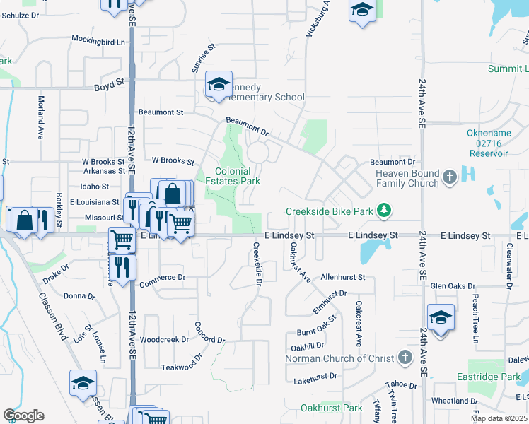 map of restaurants, bars, coffee shops, grocery stores, and more near 1709 East Lindsey Street in Norman