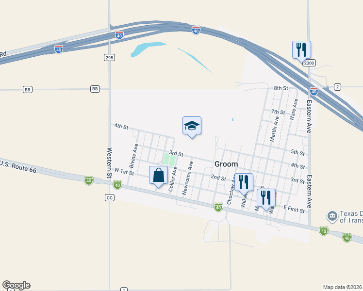 map of restaurants, bars, coffee shops, grocery stores, and more near 3rd Street in Groom