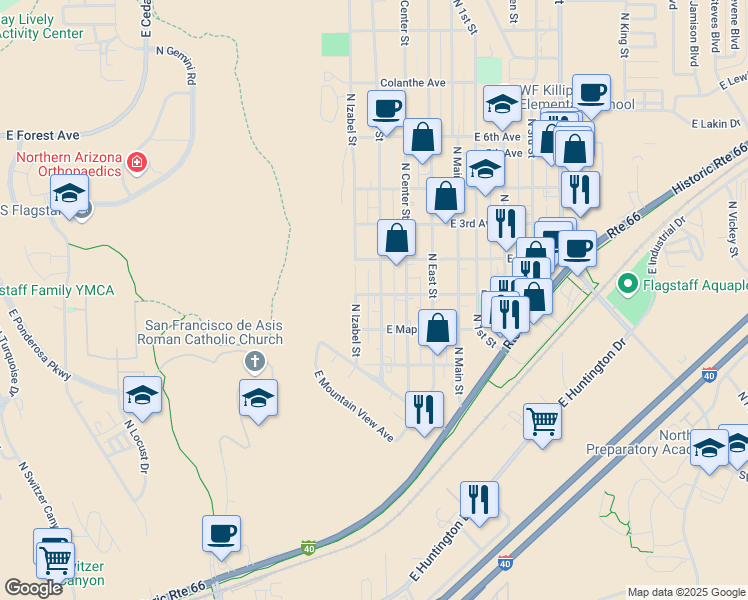 map of restaurants, bars, coffee shops, grocery stores, and more near 1724 North West Street in Flagstaff
