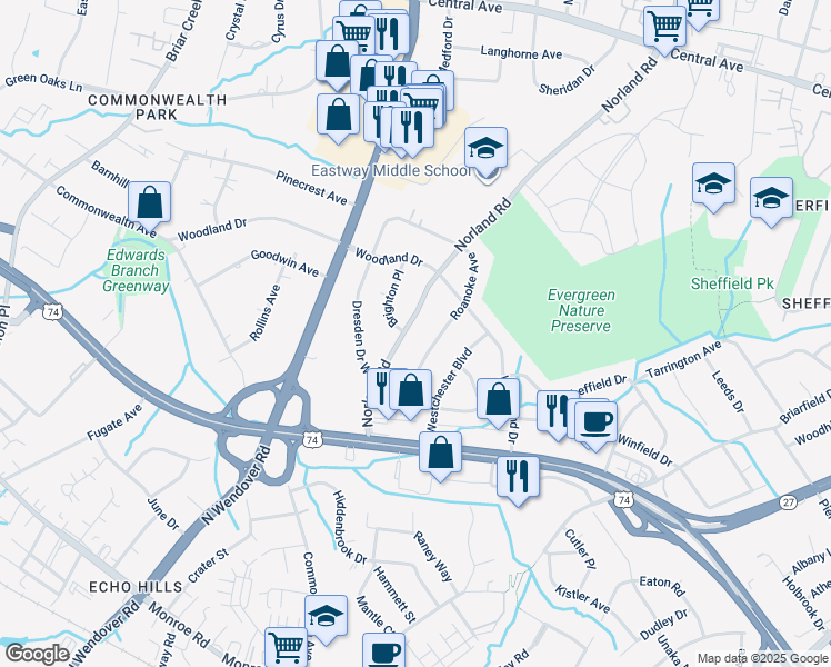 map of restaurants, bars, coffee shops, grocery stores, and more near 1052 Norland Road in Charlotte