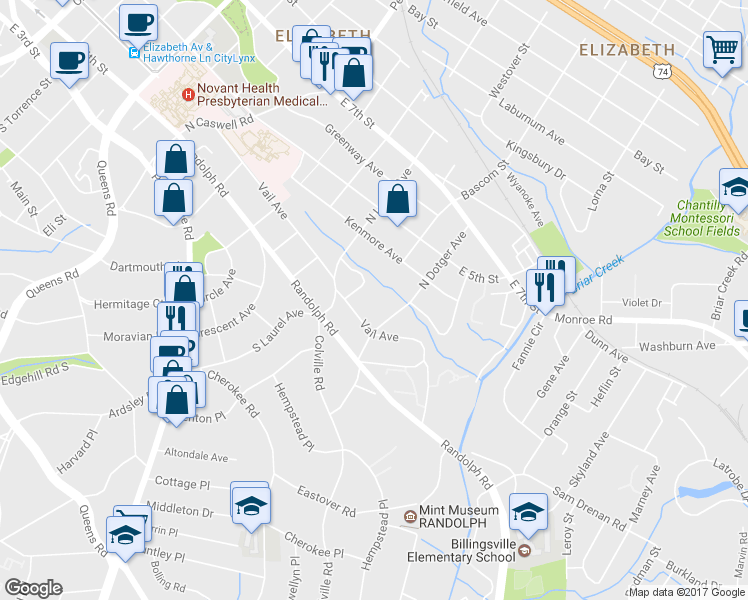 map of restaurants, bars, coffee shops, grocery stores, and more near 231 North Dotger Avenue in Charlotte