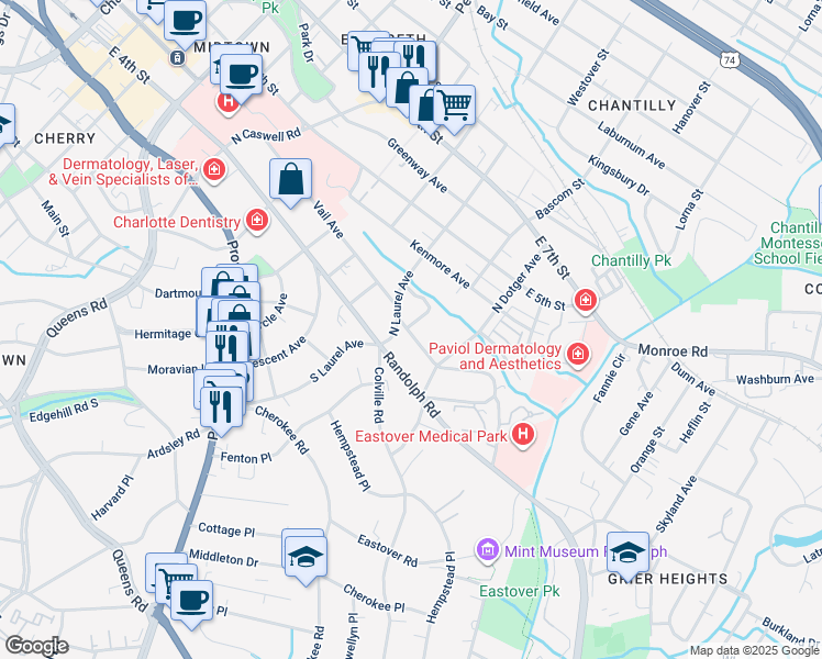 map of restaurants, bars, coffee shops, grocery stores, and more near 2421 Vail Avenue in Charlotte