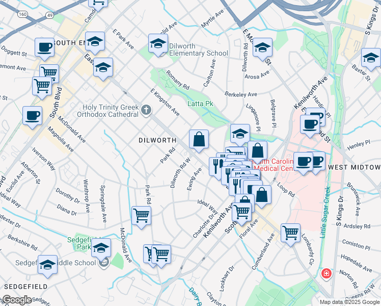 map of restaurants, bars, coffee shops, grocery stores, and more near 1001 East Boulevard in Charlotte