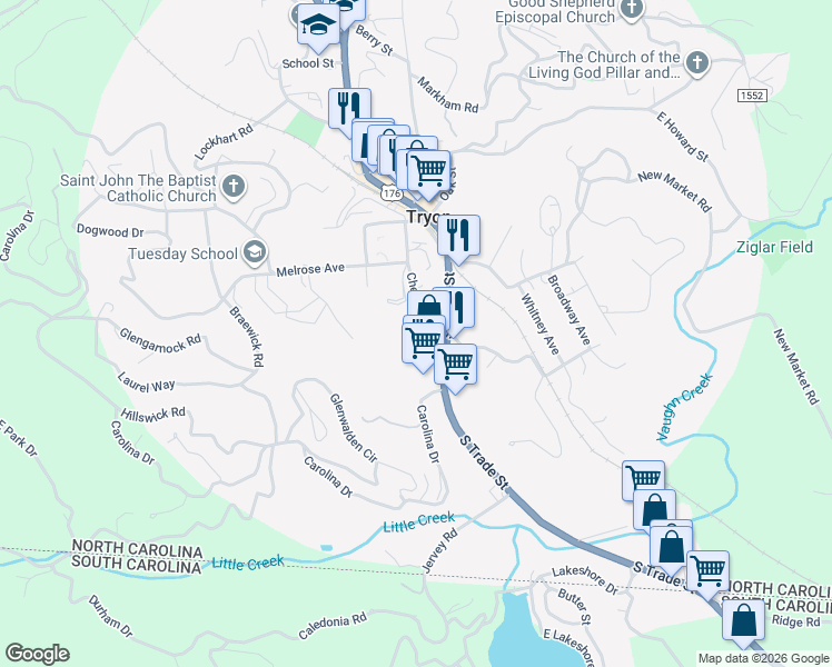 map of restaurants, bars, coffee shops, grocery stores, and more near 250 Chestnut Street in Tryon