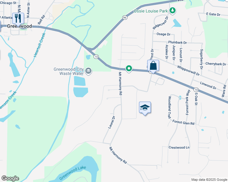 map of restaurants, bars, coffee shops, grocery stores, and more near 1145 Farley Circle in Greenwood