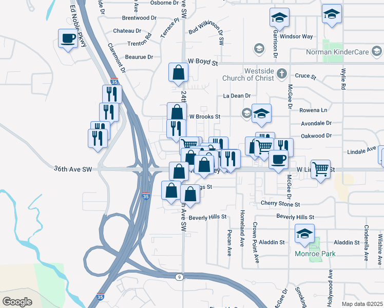 map of restaurants, bars, coffee shops, grocery stores, and more near 1111 24th Avenue Southwest in Norman