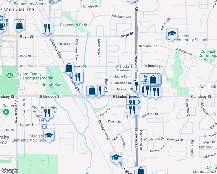 map of restaurants, bars, coffee shops, grocery stores, and more near 2010 Virginia Street in Norman