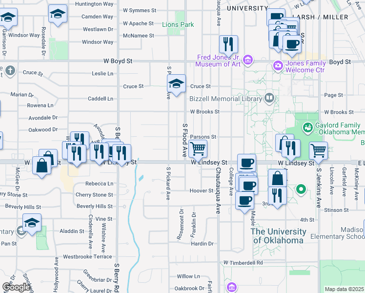 map of restaurants, bars, coffee shops, grocery stores, and more near 914 South Flood Avenue in Norman