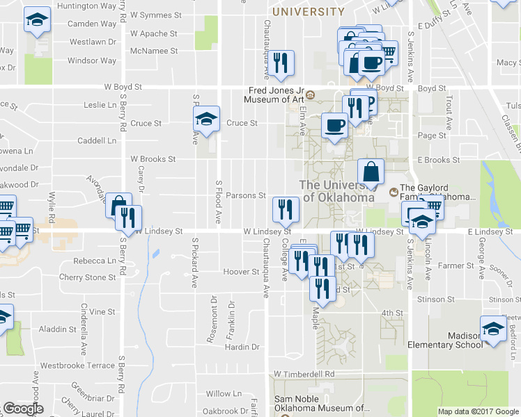 map of restaurants, bars, coffee shops, grocery stores, and more near 920 Chautauqua Avenue in Norman