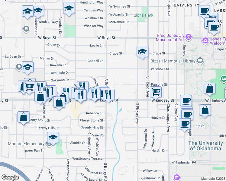 map of restaurants, bars, coffee shops, grocery stores, and more near 906 Carey Drive in Norman