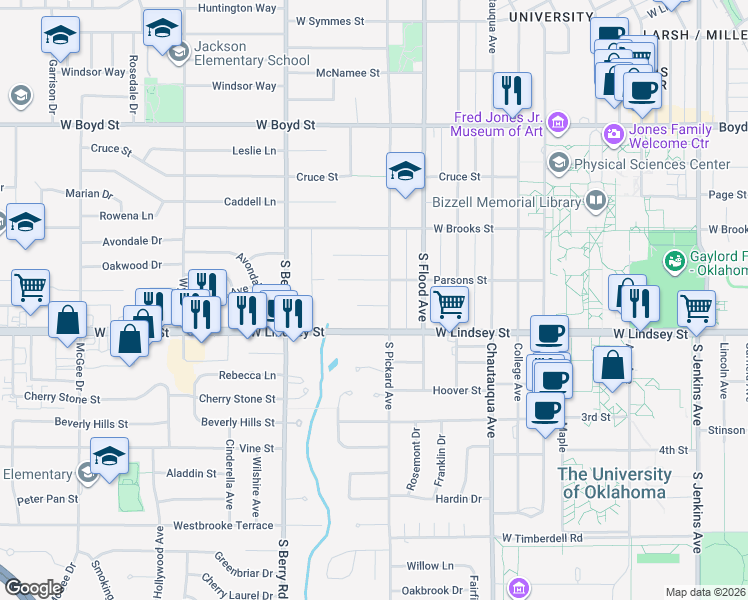 map of restaurants, bars, coffee shops, grocery stores, and more near 1009 Madison Street in Norman