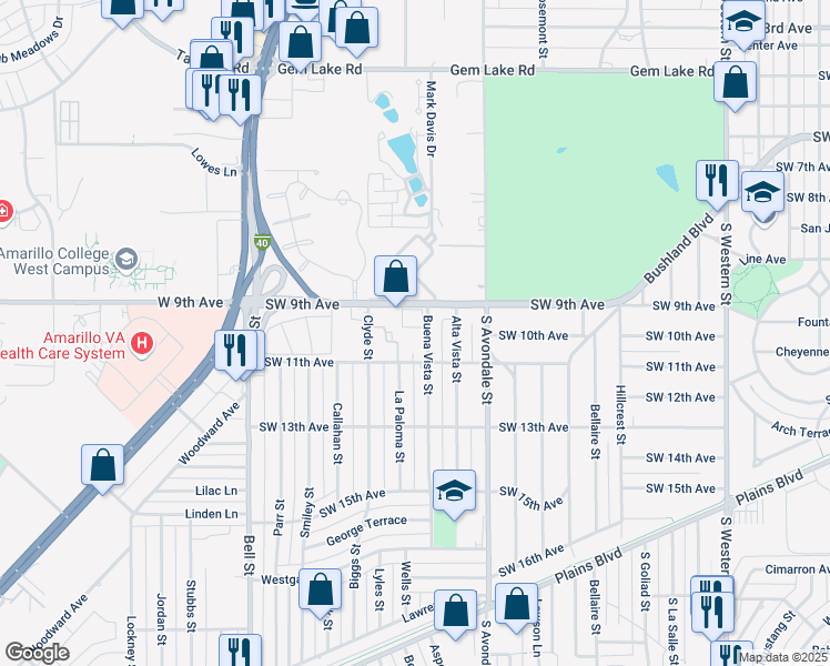 map of restaurants, bars, coffee shops, grocery stores, and more near 940 Buena Vista Street in Amarillo
