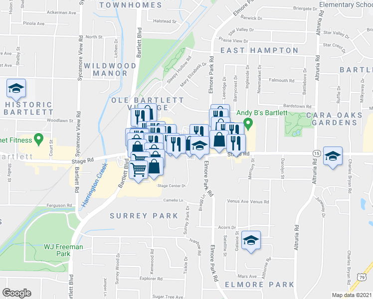 map of restaurants, bars, coffee shops, grocery stores, and more near 6132 Stage Road in Bartlett