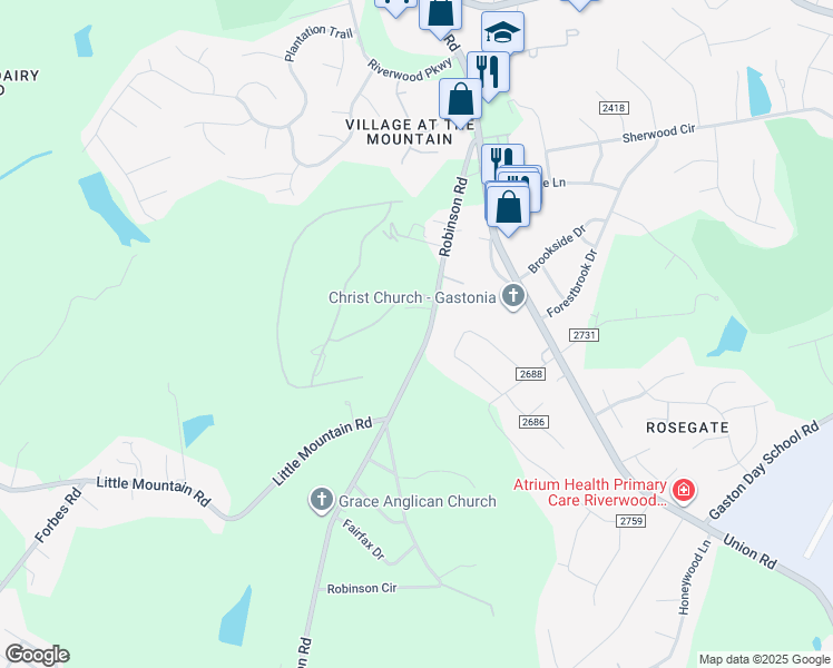 map of restaurants, bars, coffee shops, grocery stores, and more near 320 Robinson Road in Gastonia