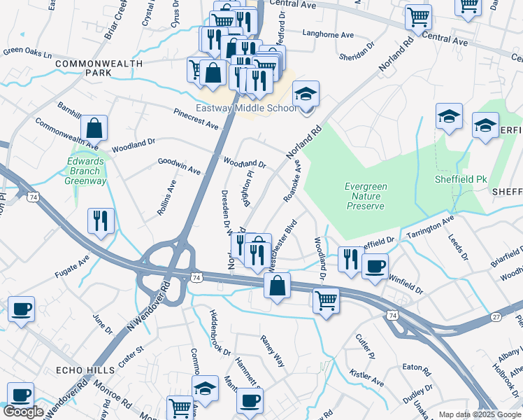 map of restaurants, bars, coffee shops, grocery stores, and more near 1052 Norland Road in Charlotte