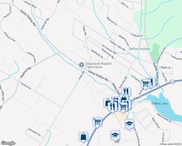 map of restaurants, bars, coffee shops, grocery stores, and more near 8348 Daisy Dallas Road in Lakesite