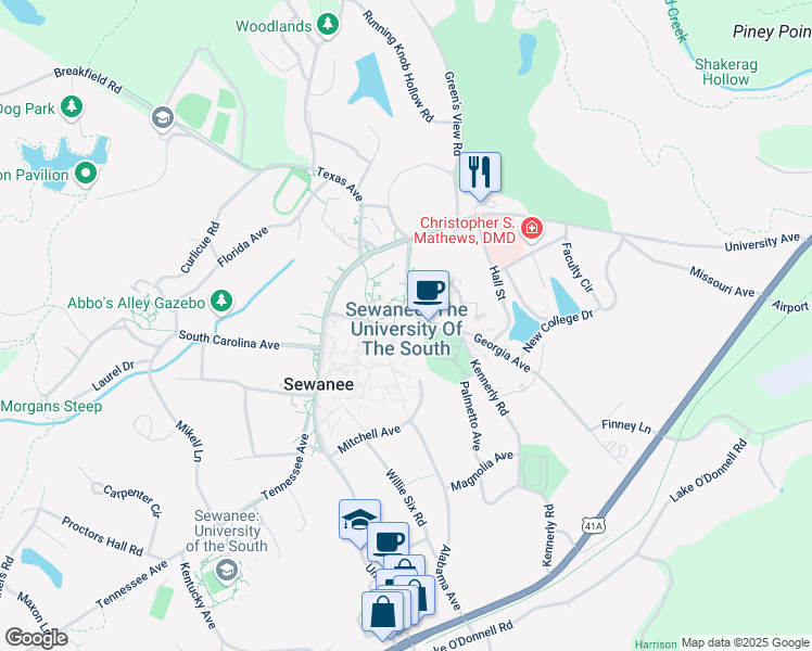 map of restaurants, bars, coffee shops, grocery stores, and more near 735 University Avenue in Sewanee