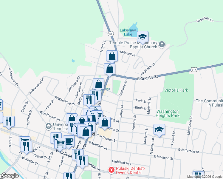 map of restaurants, bars, coffee shops, grocery stores, and more near 710 North Patterson Street in Pulaski