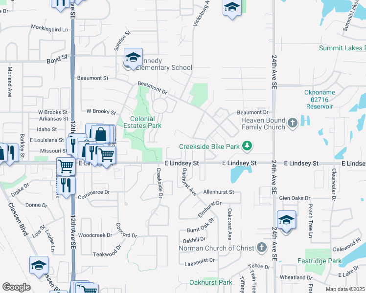 map of restaurants, bars, coffee shops, grocery stores, and more near 1819 East Lindsey Street in Norman