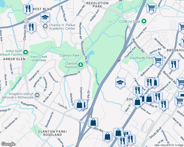map of restaurants, bars, coffee shops, grocery stores, and more near 3133 Barringer Drive in Charlotte