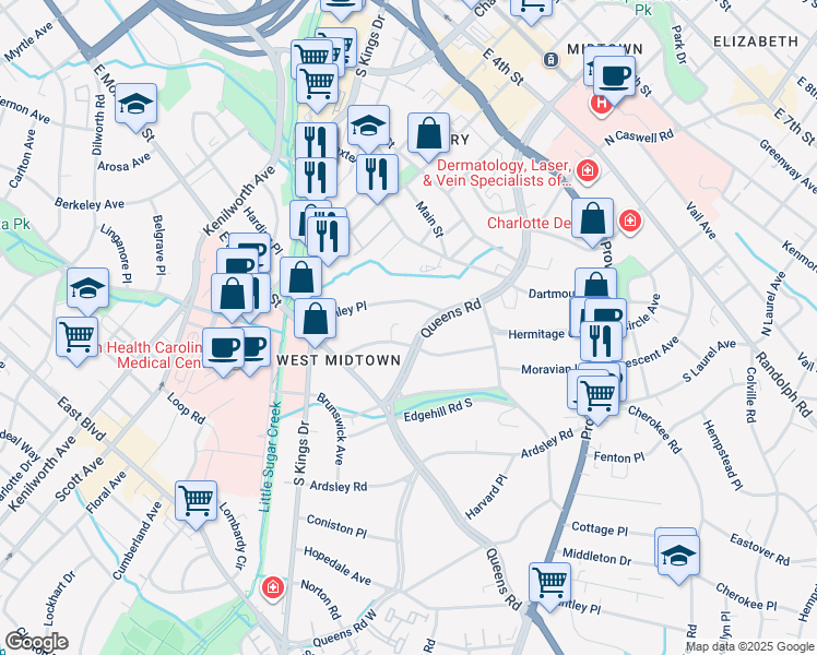 map of restaurants, bars, coffee shops, grocery stores, and more near 822 Queens Road in Charlotte