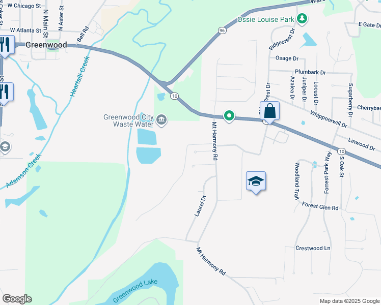 map of restaurants, bars, coffee shops, grocery stores, and more near 1060 Farley Circle in Greenwood