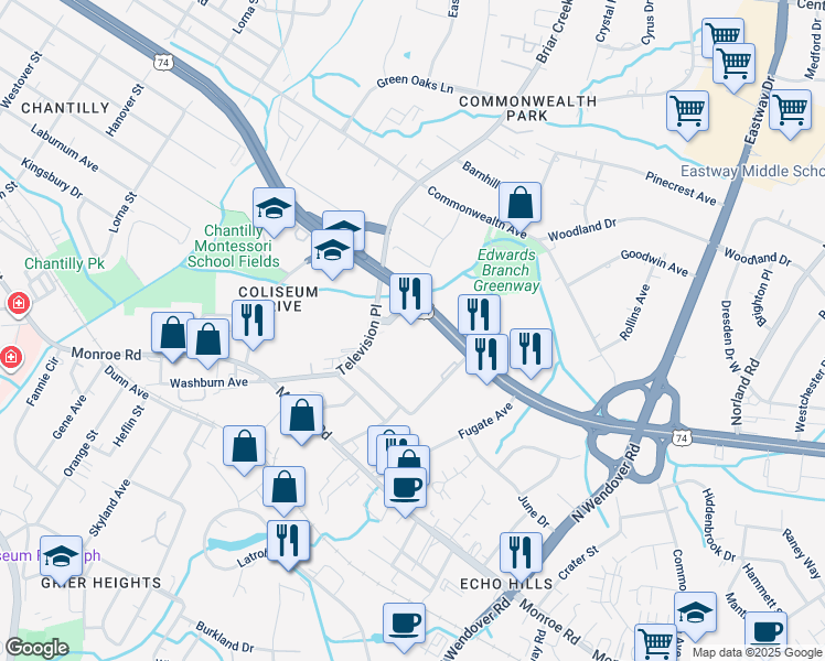 map of restaurants, bars, coffee shops, grocery stores, and more near 2700 East Independence Boulevard in Charlotte