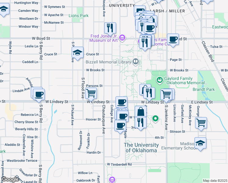 map of restaurants, bars, coffee shops, grocery stores, and more near 813 College Ave in Norman
