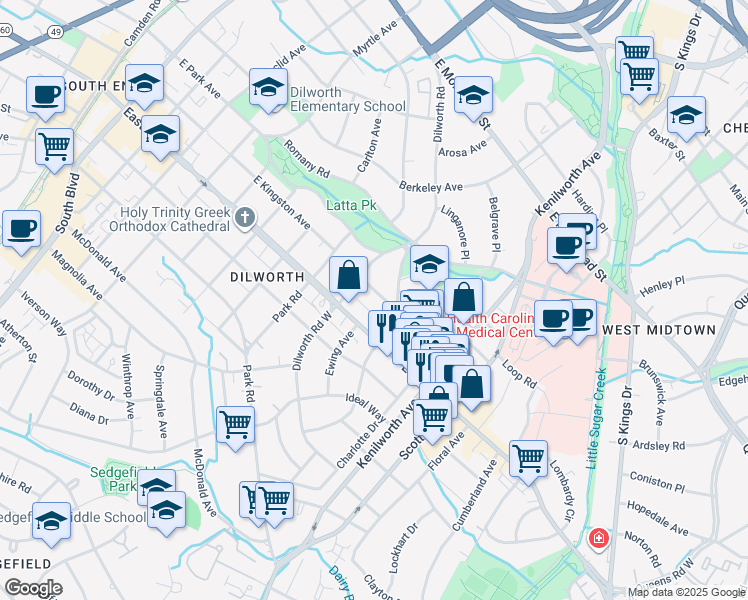 map of restaurants, bars, coffee shops, grocery stores, and more near 1020 Isleworth Avenue in Charlotte