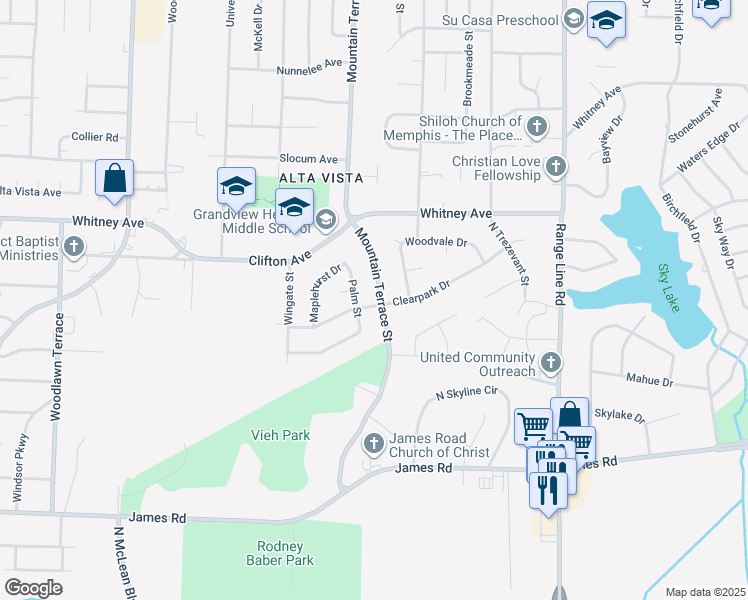 map of restaurants, bars, coffee shops, grocery stores, and more near 2917 Mountain Terrace St in Memphis