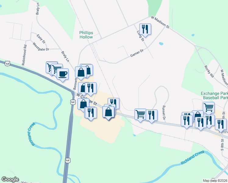 map of restaurants, bars, coffee shops, grocery stores, and more near 131 Stone Creek Drive in Pulaski