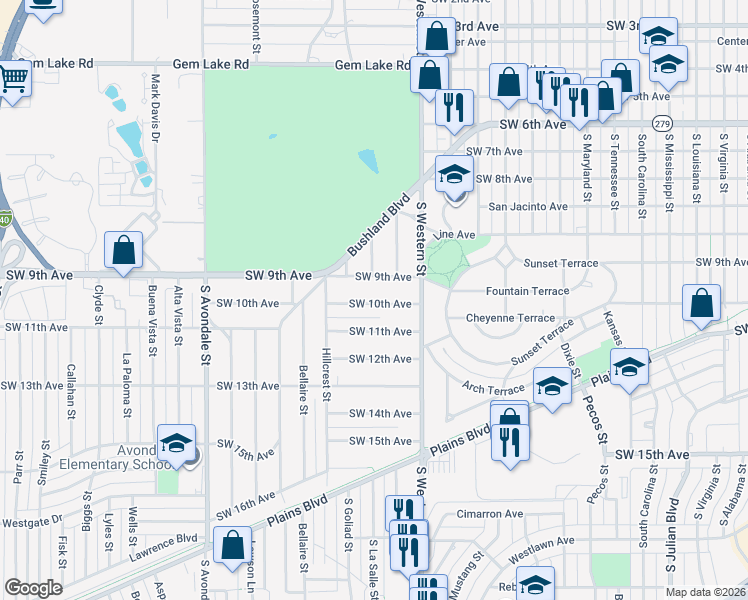 map of restaurants, bars, coffee shops, grocery stores, and more near 4228 Southwest 10th Avenue in Amarillo