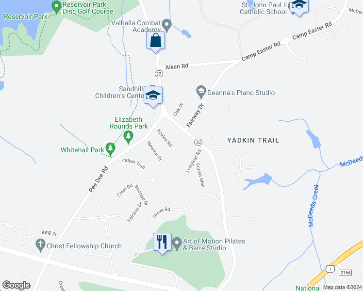 map of restaurants, bars, coffee shops, grocery stores, and more near 575 Fairway Drive in Southern Pines