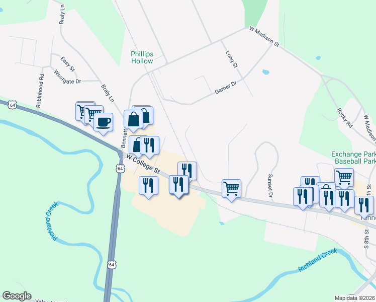 map of restaurants, bars, coffee shops, grocery stores, and more near 131 Stone Creek Drive in Pulaski