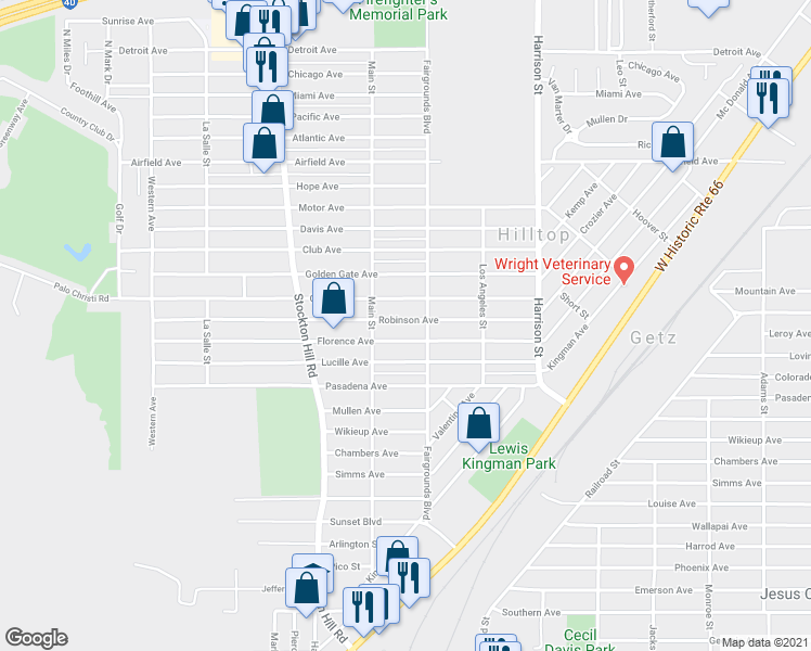 map of restaurants, bars, coffee shops, grocery stores, and more near 2030 Robinson Avenue in Kingman