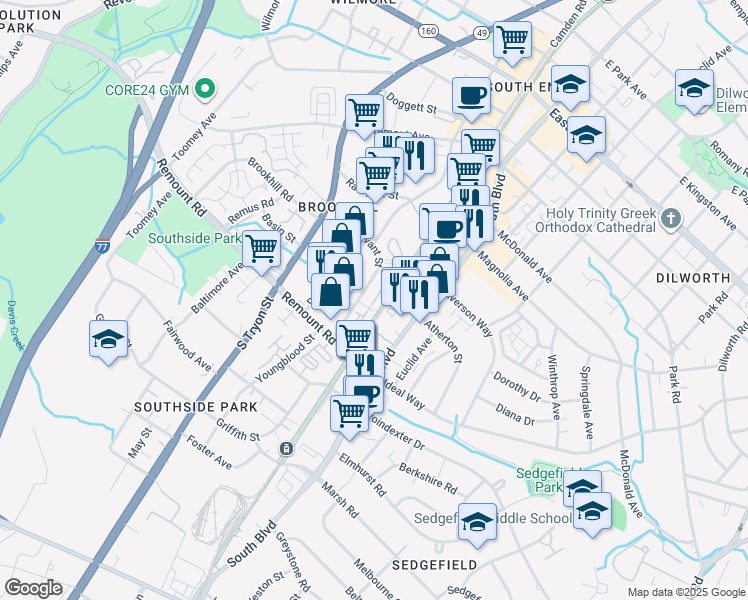 map of restaurants, bars, coffee shops, grocery stores, and more near in Charlotte
