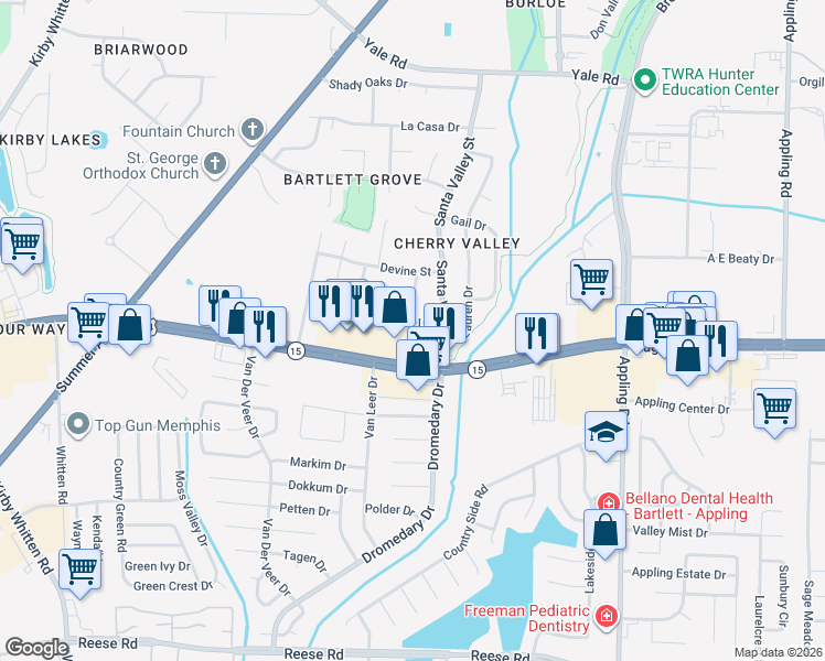 map of restaurants, bars, coffee shops, grocery stores, and more near 7219 Lamesa Lane in Bartlett