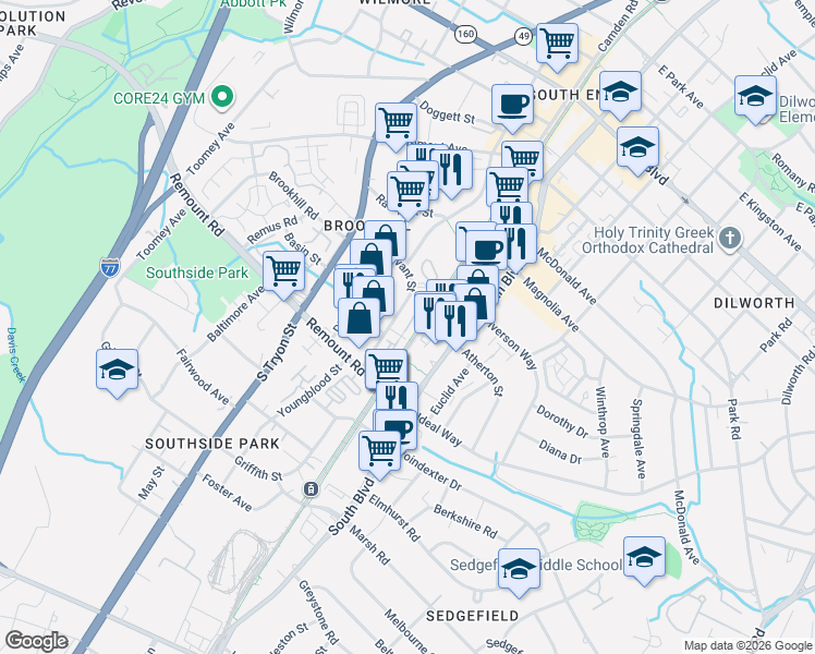 map of restaurants, bars, coffee shops, grocery stores, and more near 1504 Mainline Boulevard in Charlotte