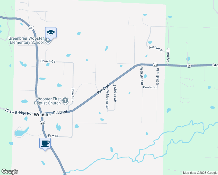 map of restaurants, bars, coffee shops, grocery stores, and more near 1 West Mobbs Circle in Greenbrier
